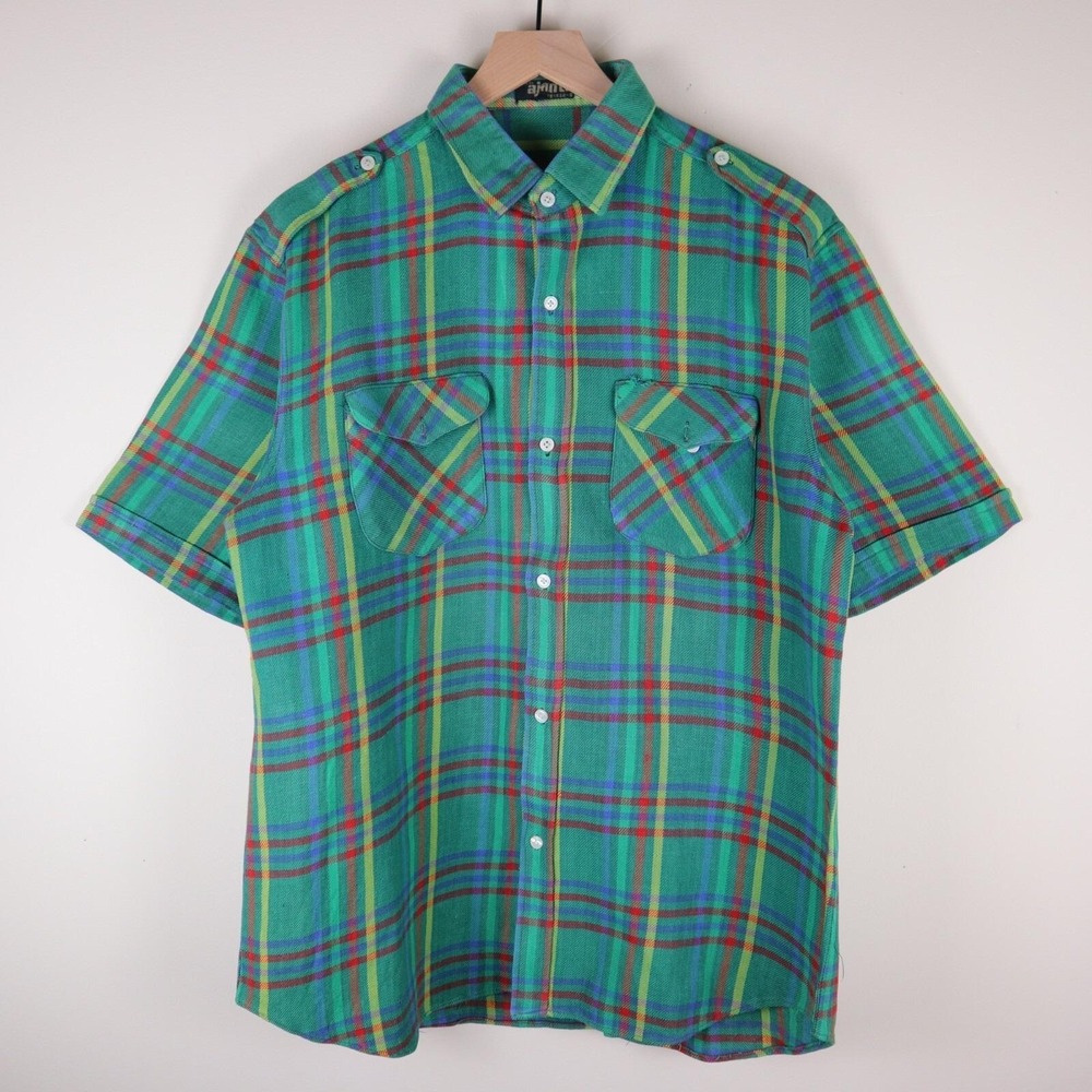 Vintage Ajanta Plaid Short Sleeve Button Up Shirt Adult XL 23x30